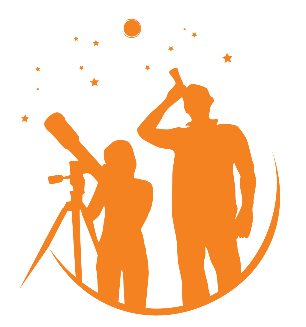 Two cartoon people stand shoulder-to-shoulder, gazing at the night sky. On the left side of one of the people is a telescope angled up toward the sky.