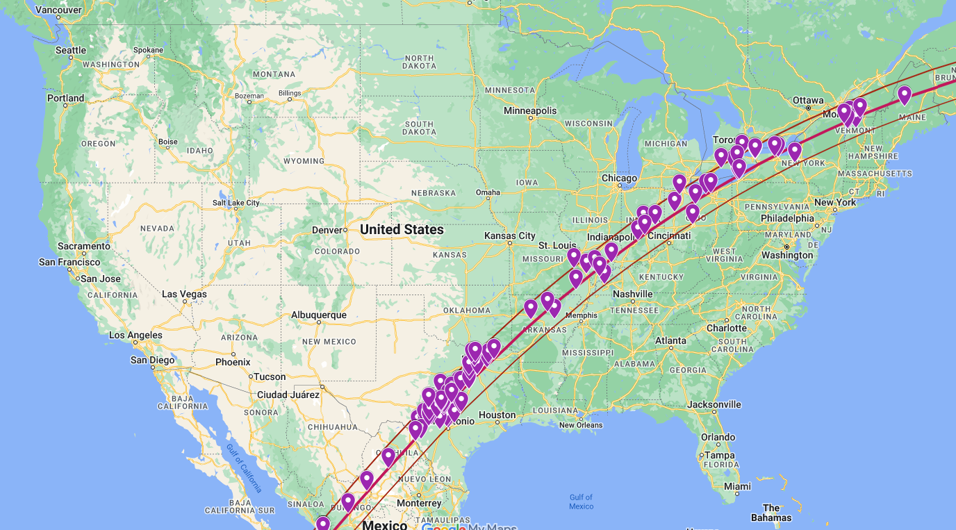 Map displaying locations of volunteers for the Eclipse Megamovie 2024.